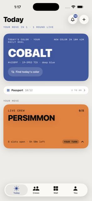 Huxle's home screen: today's colour named and swatched, with the crew's grid below it.